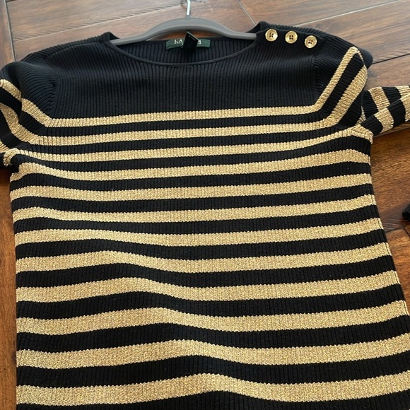 Lauren Ralph Lauren black gold metallic ribbed stripe knit crew neck sweater PL - Picture 11 of 14